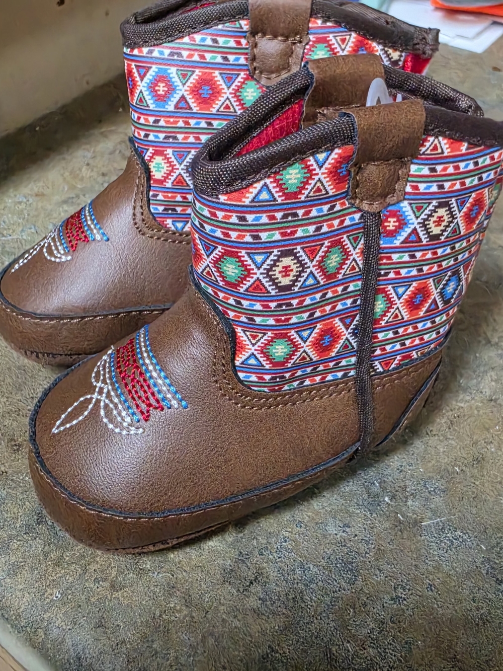 Twister Brown Kids Boots with Red, Blue & Green Aztec Pattern Sz 0